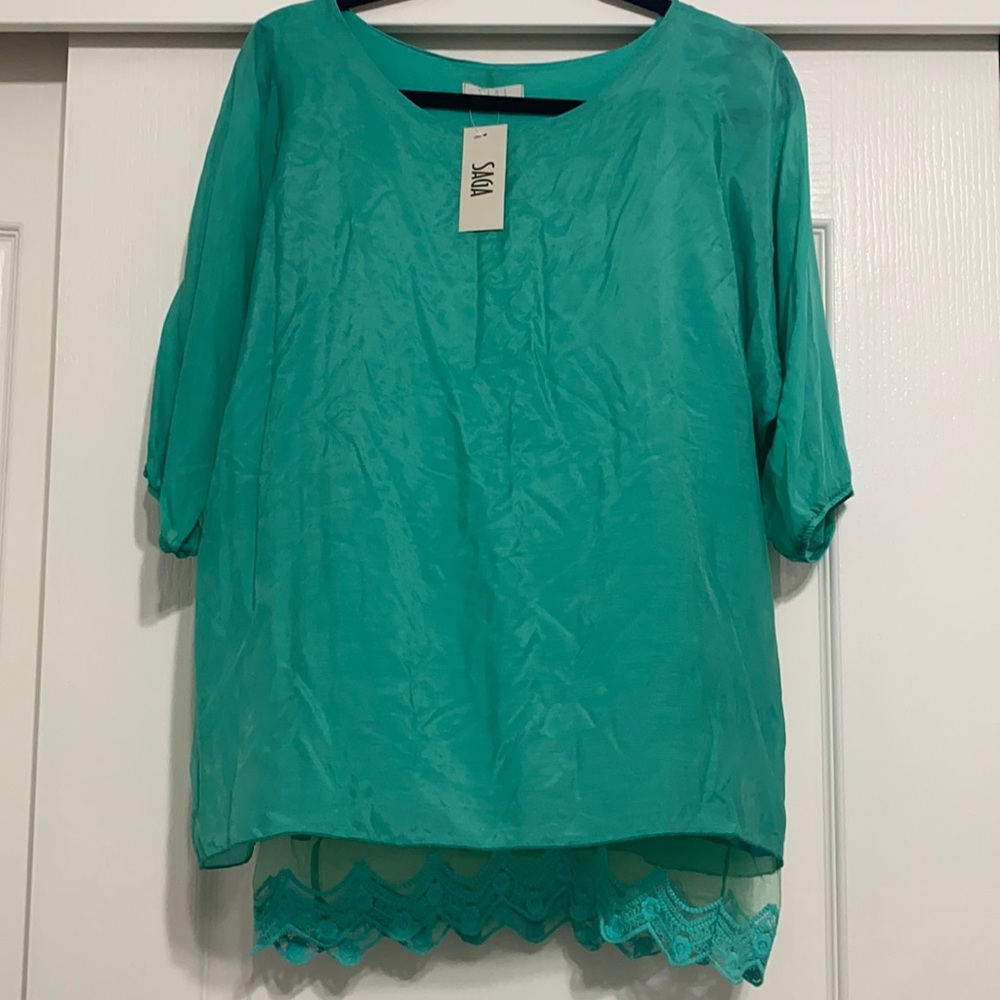 NWT SAGA  Italian Style Boho Emerald Tunic 3/4 Sleeve